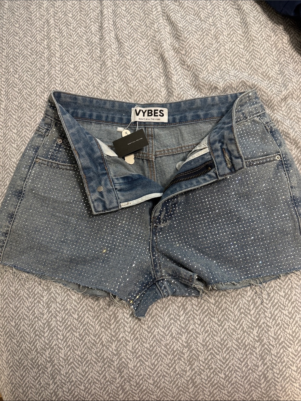 Blue Rhinestone Denim Short Shorts